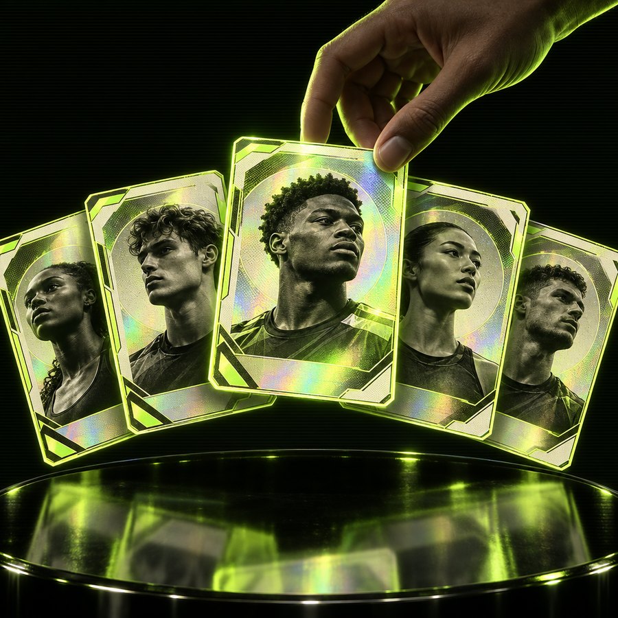 A hand picks one glowing trading card from a fanned deck of profile cards